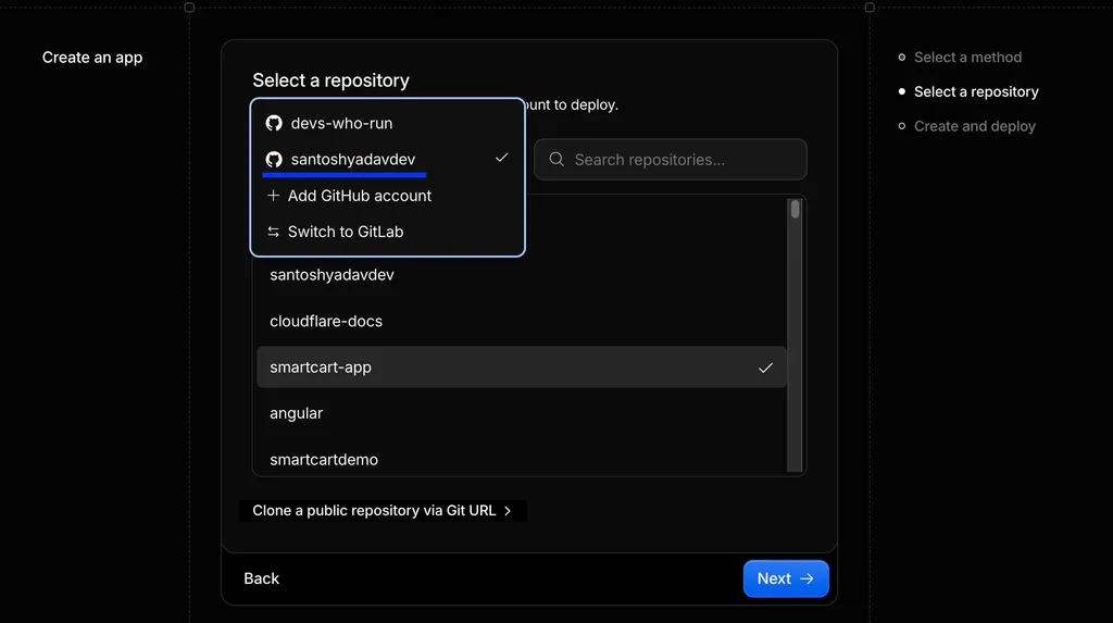 Cloudflare screen for selecting the GitHub account and repository to connect for deployment.