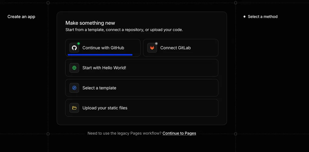 Cloudflare deployment method selection screen with the Continue with GitHub option.